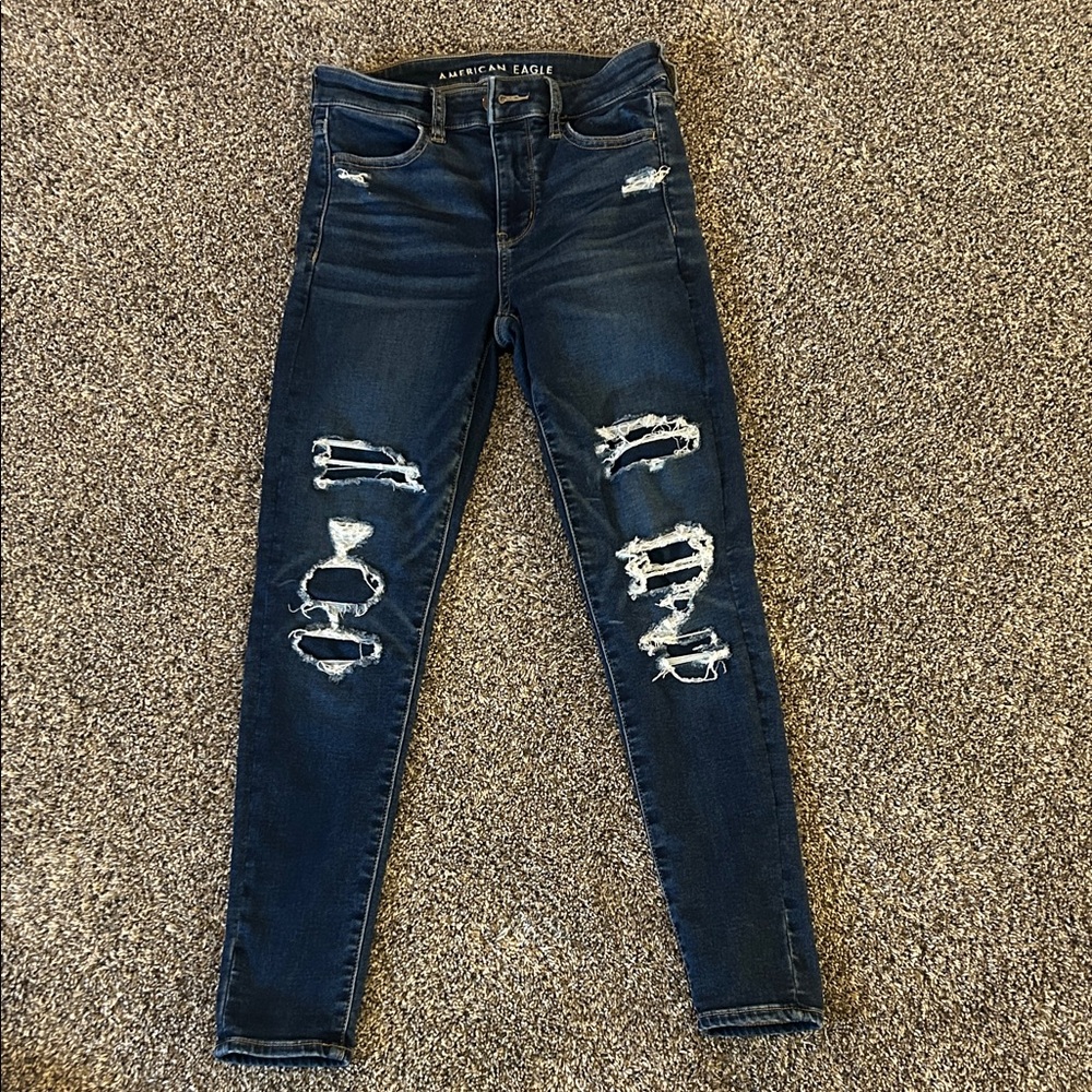 American Eagle Outfitters Women's Dark Blue Distressed Skinny Jeans